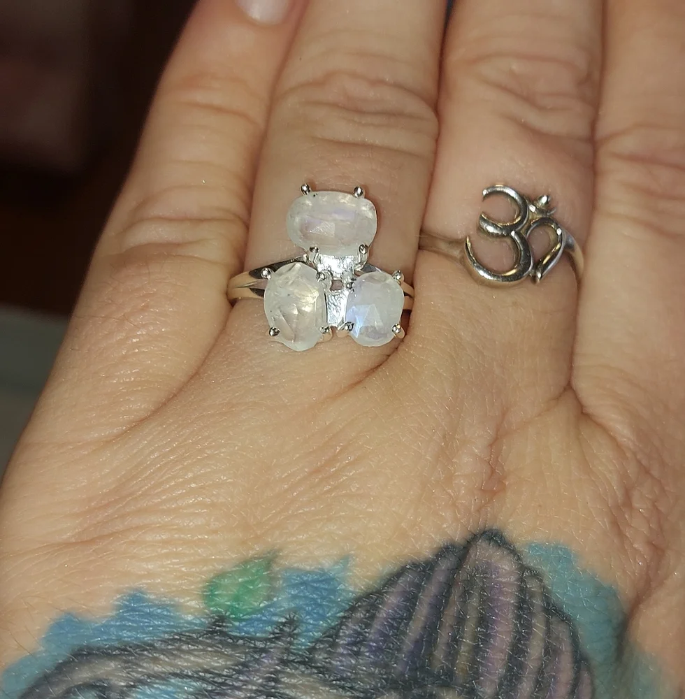 Raw Faceted Moonstone 3 Stone Ring Sterling Silver